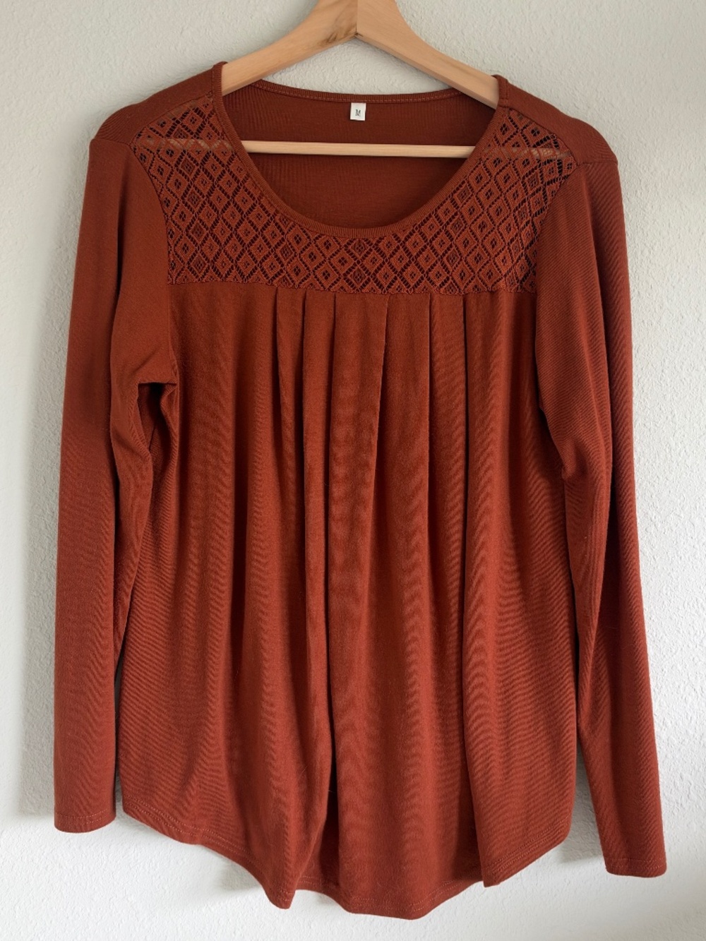 Rust Terracotta Crochet Yoke Long Sleeve Top Size Small